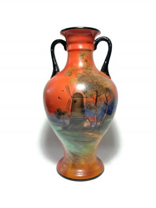Vintage 11 1/2 " Orange & Black Hand Painted Noritake Scenic Vase W/ Handles