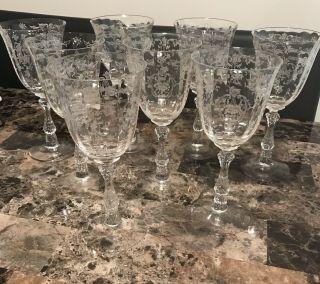 Set Of 8 Fostoria Navarre Etched Crystal Tall Water Goblets