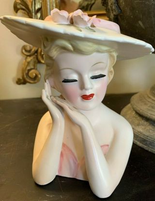 6 " Vintage Lefton Lady Head Vase Pink & White Brimmed Hat - 2900 Hands