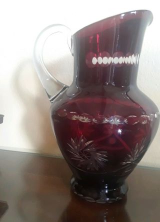 Vintage Bohemian Ruby Red Cut To Clear Crystal Glass Pitcher.