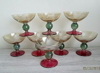 8 Krosno Glass Sweet Dishes Champagne From Poland Pink Green Base 4.  25