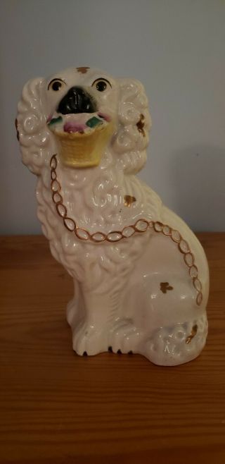 Vintage Staffordshire Pottery Spaniel Dog Figurine W/basket Gold And White