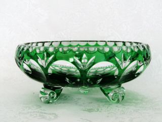 Cut To Clear Nachtmann Bavarian Emerald Green Crystal 3 Legged Vintage Bowl