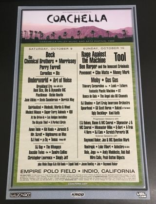 1999 Official Coachella Lineup 17”x11” Poster Rare Beck Tool Rage Against