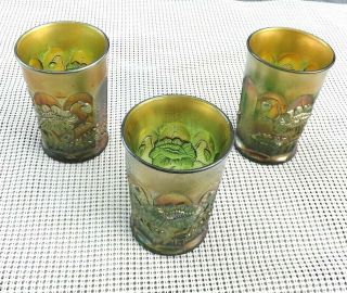 Three Vintage Northwood Oriental Poppy Green Carnival Glass Tumblers