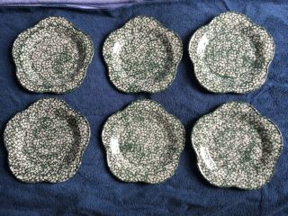 Set Of 6 Gerald E Henn Green Spongeware 10″ Petal Plate Roseville Ohio - Rare