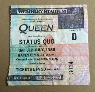 Queen (& Status Quo) - Ticket Stub 12/7/86 Wembley Stadium