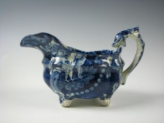 Antique Dark Blue Staffordshire Cream Pitcher With Hunting Dogs Circa 1825