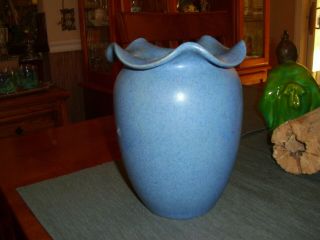 Vintage Burley Winter Pottery Dark Blue Vase With Wavy Top