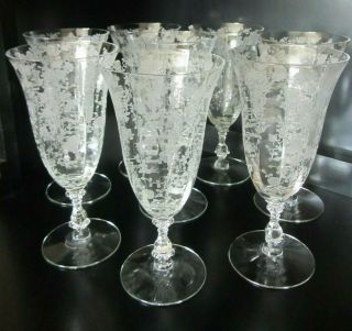 8 Cambridge Elegant Rose Point Etched Iced Tea Goblets Glasses
