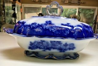 Antique 1880s Flow Blue White Gilded Covered Serving Dish Tureen English Signed