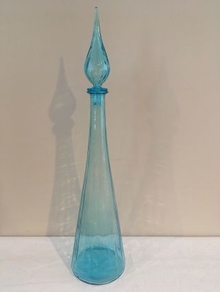Blue Italian Glass Empoli Guildcraft Genie Bottle Decanter Flame Top Floor Vase