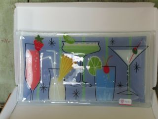 Peggy Karr Fused Glass Rectangular Martini Glass Cocktail Platter w Box SIGNED 2