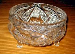 Vintage American Brilliant Cut Glass Signed Libbey 3 Footed Bowl Hobstar Crystal