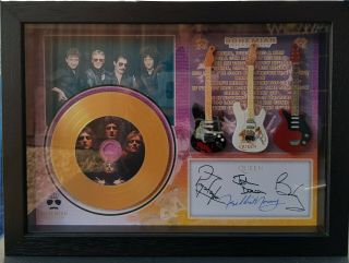 Queen Freddie Mercury 3 Miniature Guitar And Mini Gold Lp Shadowbox Signed Print