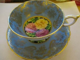 Vintage Paragon Cup And Saucer Light Blue Gold Gilt Trim With Chrysanthemums