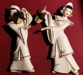 Vintage 1950s Ceramic Arts Studio Figurines Chinese Lantern Man & Woman Signed