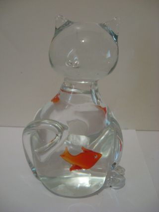 Murano Cat Clear With Orange Fish In Its Belly