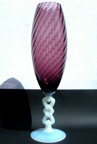 Tall Vtg 60s Empoli Glass Purple Optic Glass Vase Opalescent Foot/stem