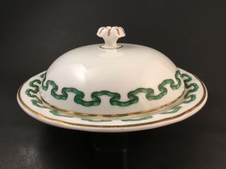 Antique Royal Worcester Grainger Porcelain Butter Dish & Cover Green Ribbon