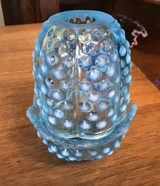 Fenton Art Glass Blue Opalescent Hobnail Fairy Lamp