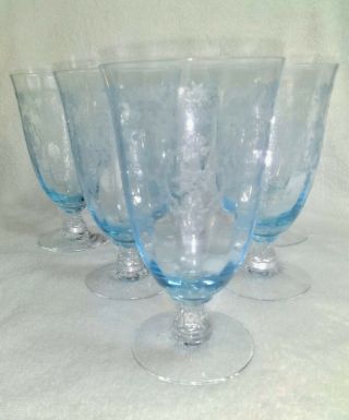6 Fostoria Navarre Blue Etched Crystal Iced Tea 5 7/8 Inches