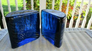 BLENKO Vintage Modern Eames Era Retro Art Glass Cobalt Blue Half Moon Bookends 4