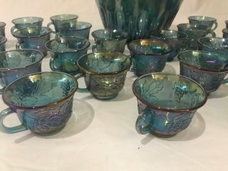 Vintage Blue Harvest Grape Carnival Glass Punch Bowl And 24 Matching Cups