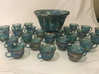 Vintage Blue Harvest Grape Carnival Glass Punch Bowl And 24 Matching Cups 2