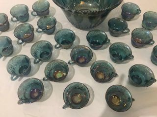 Vintage Blue Harvest Grape Carnival Glass Punch Bowl And 24 Matching Cups 3