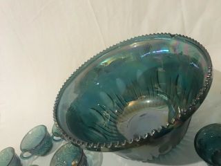 Vintage Blue Harvest Grape Carnival Glass Punch Bowl And 24 Matching Cups 4