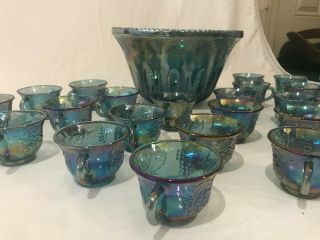 Vintage Blue Harvest Grape Carnival Glass Punch Bowl And 24 Matching Cups 7