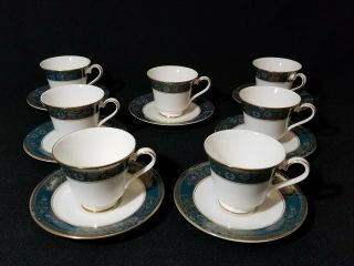 Royal Doulton Carlyle H5018 Blue Flowers Gold Leaves 7 Cup & 7 Saucer.  14pc