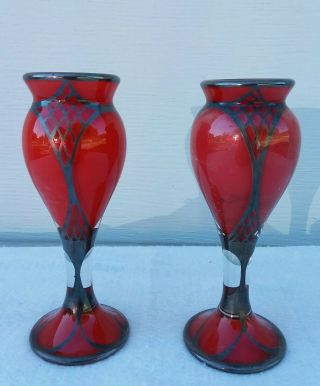 Antique Art Nouveau Czech Bohemian Red Glass Vases Silver Overlay Pair Perfume