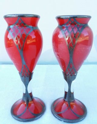 Antique ART NOUVEAU Czech Bohemian Red Glass Vases Silver Overlay Pair Perfume 2