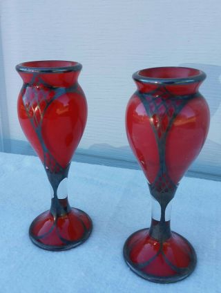 Antique ART NOUVEAU Czech Bohemian Red Glass Vases Silver Overlay Pair Perfume 3