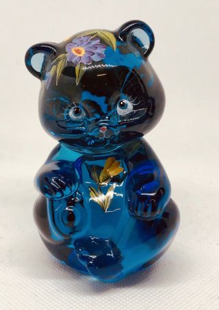 Fenton Cobalt Blue Glossy Sitting Bear; Hand Painted Flowers; Signed P Hayhurst