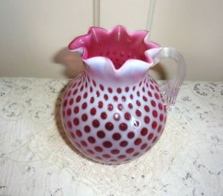 Fenton L.  G.  Wright Baby Coin Dot Cranberry Opalescent Pitcher