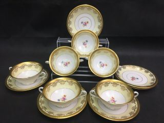 6 Vintage Bohemia Made In Czechoslovakia Double Handled Cream Soup Cups &saucers