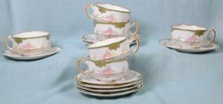 (13) Theodore Haviland Porcelain Fine China Pink Rose Green Gold Cups Saucers