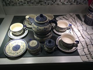 Bolestawcu Boleslawiec Polish Pottery Teapot,  Sugar Bowl,  6 Cup,  6 Saucers Set