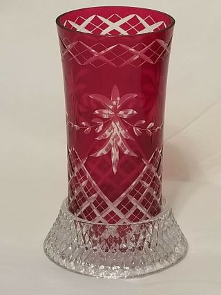 Vintage Ruby Red Bohemian Glass Hurricane Candle Holder Clear Base