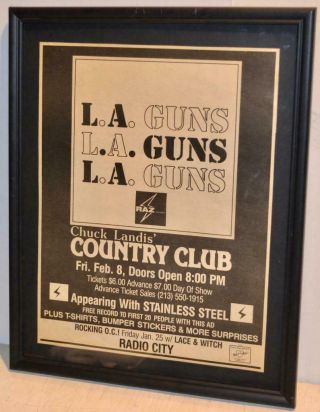 L.  A.  Guns 1985 Pre Guns N Roses Band Concert Promotional Framed Poster / Ad
