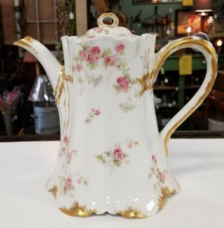 Haviland & Co.  Teapot Chocolate Pot Pink Roses Yellow Gold Limoges France