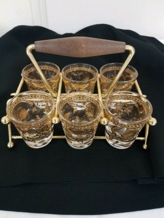 Vtg Mid - Century Set Of 6 Culver Chantilly Shot Glasses In Caddy - Teak 22k Gold