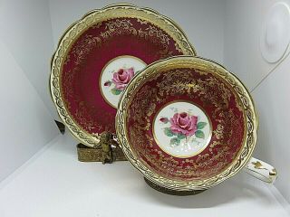Paragon Pink Rose/red Heavy Gold/lace Tea Cup & Saucer A411 Double Warrant Hp
