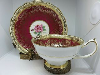 PARAGON Pink Rose/RED Heavy Gold/Lace Tea Cup & Saucer A411 DOUBLE WARRANT HP 2