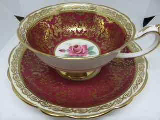 PARAGON Pink Rose/RED Heavy Gold/Lace Tea Cup & Saucer A411 DOUBLE WARRANT HP 3