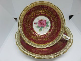 PARAGON Pink Rose/RED Heavy Gold/Lace Tea Cup & Saucer A411 DOUBLE WARRANT HP 4