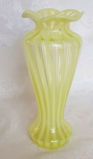 Fenton Green Opalescent Vaseline Topaz Spiral Optic Vase Glows